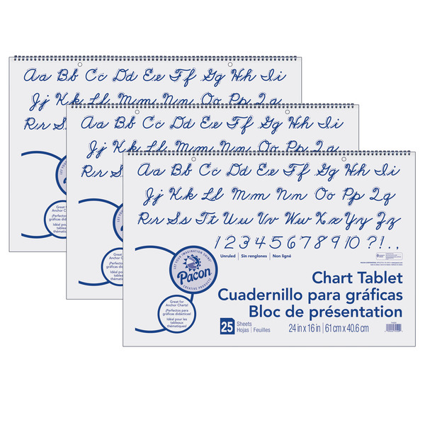 Pacon Chart Tablet, Cursive Cover, Unruled 24 x 16, 25 Sht/Tablet, PK3 74520